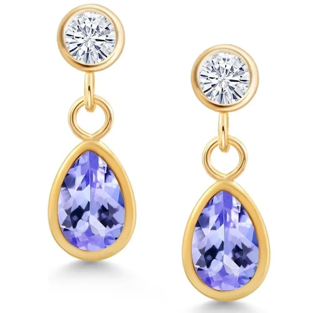 14K Yellow Gold with 1.09 Cttw Blue Tanzanite and White Moissanite Post Earrings